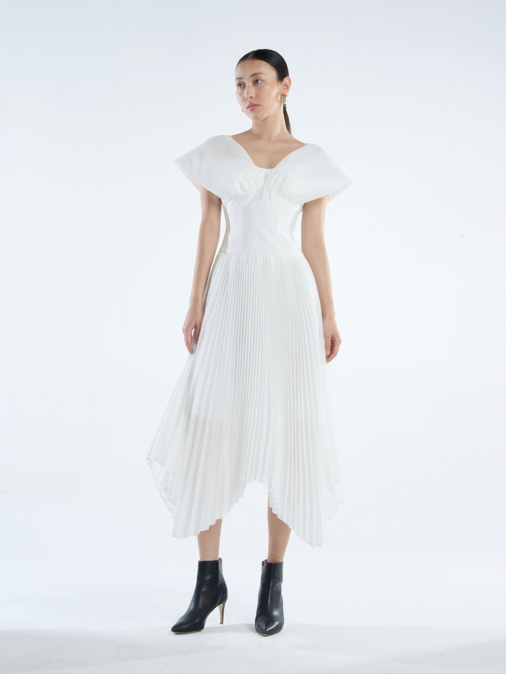 COCOSIN - White Pleated Asymmetrical Hem Midi Dress