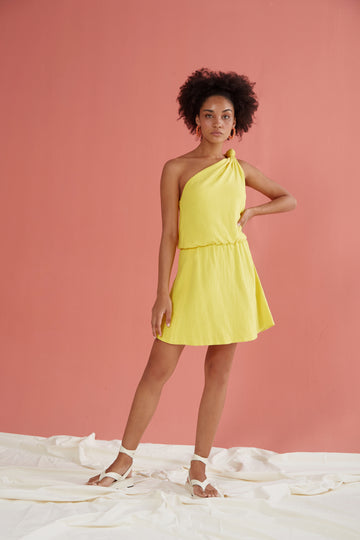 COCOSIN - Yellow One-Shoulder Solid Mini Dress - Relaxed Fit, Cotton Linen