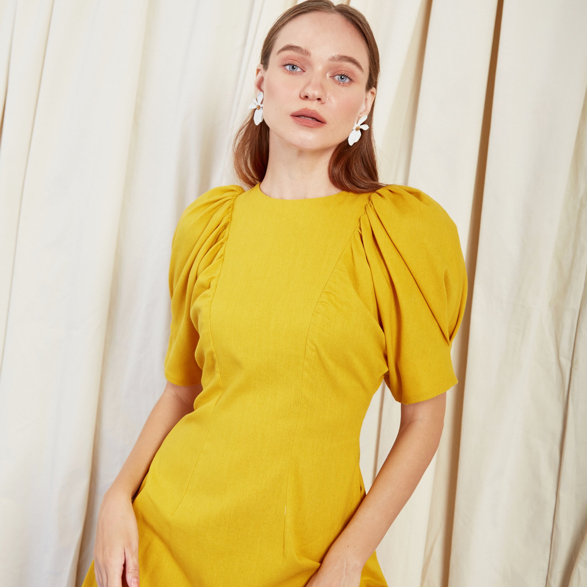 COCOSIN - Yellow Puff-Sleeve Asymmetrical Midi Dress