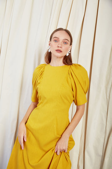 COCOSIN - Yellow Puff-Sleeve Asymmetrical Midi Dress