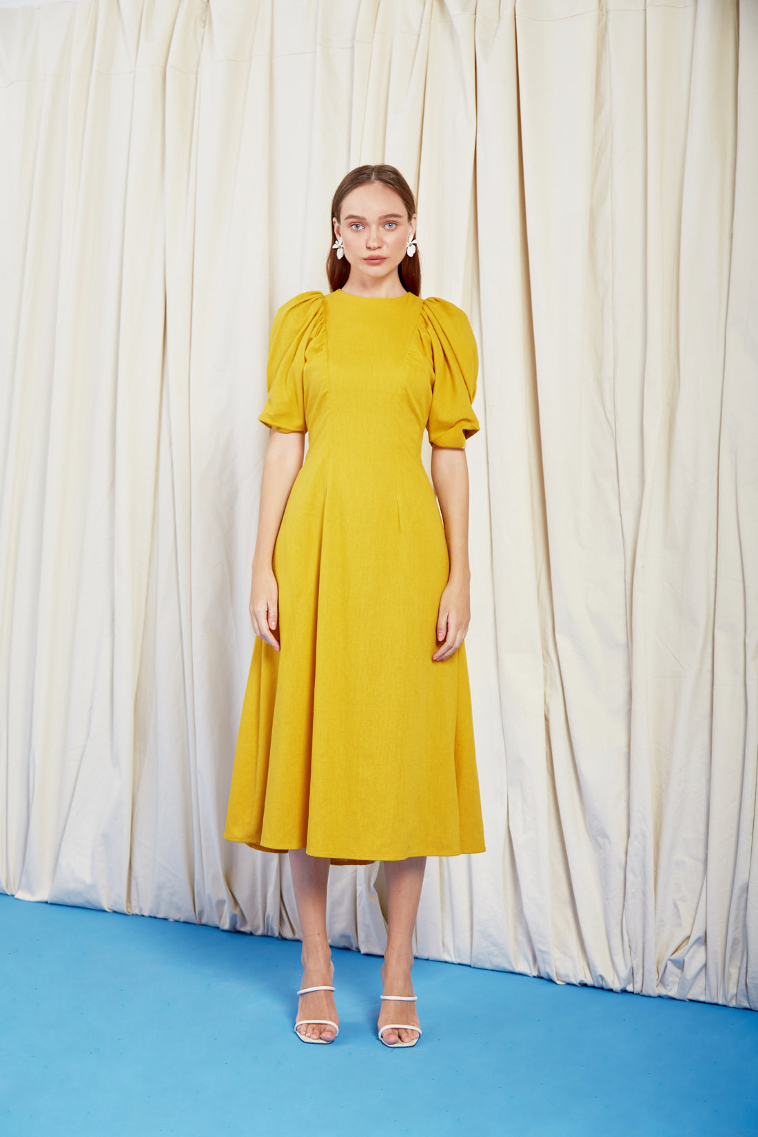 COCOSIN - Yellow Puff-Sleeve Asymmetrical Midi Dress